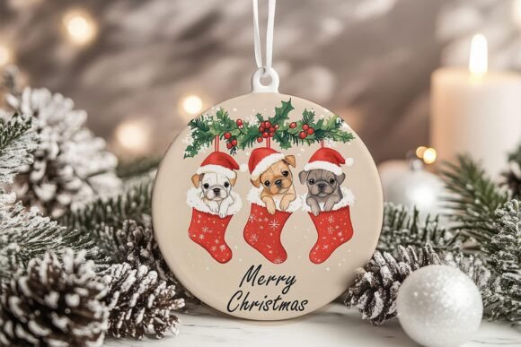Bulldog Puppies in Socks Xmas Ornament