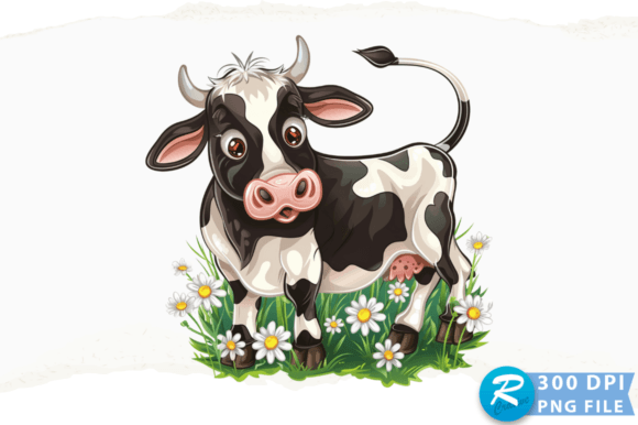 Cartoon Cow with Daisies Clipart PNG