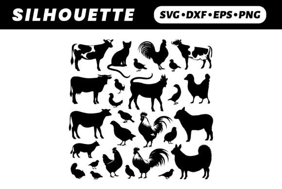 Farm Animals Silhouettes Black White